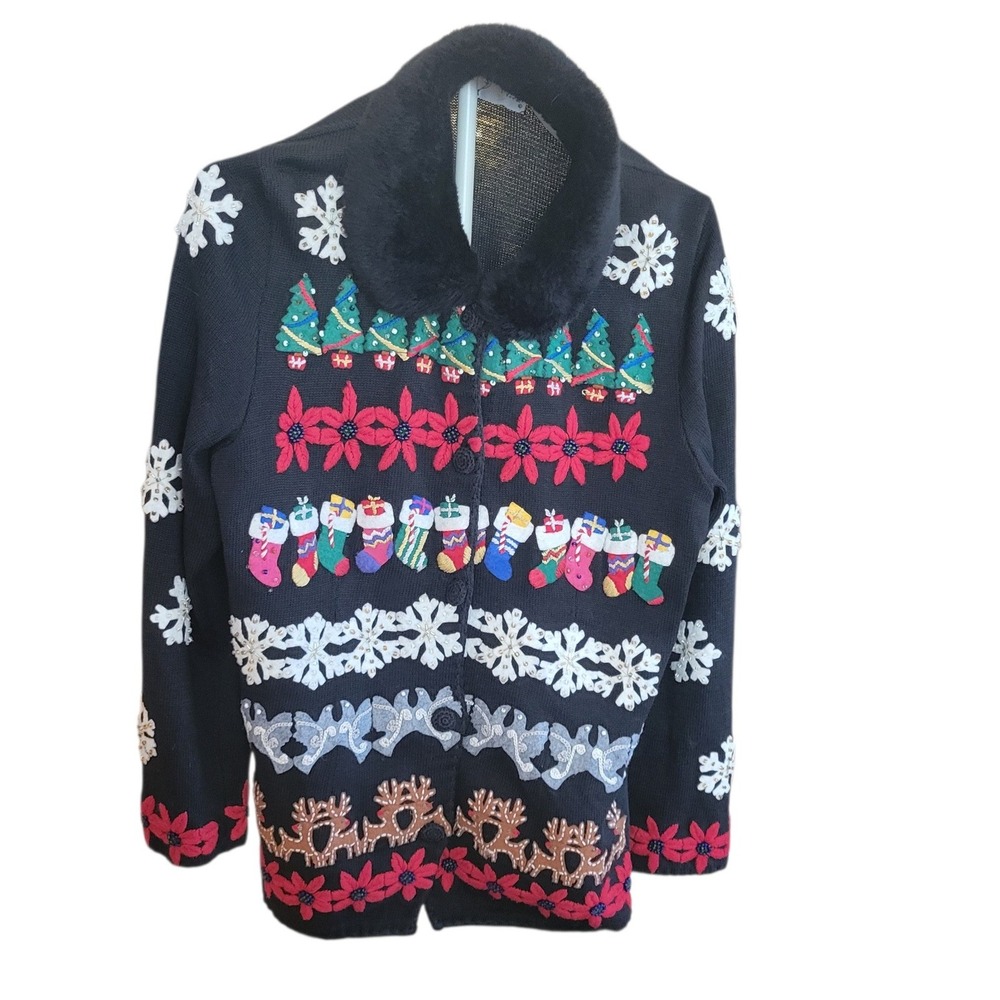 Michael‎ Simon Christmas Cardigan Size XL Black Beaded Embroidered Reindeer